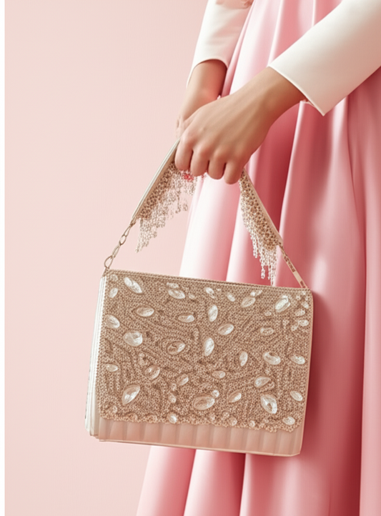Golden Crystal-Embroidered Hand Clutch for Weddings & Special Events