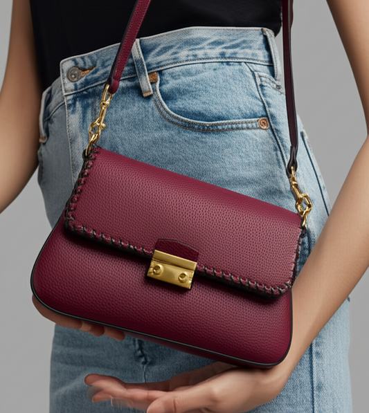 Deep Wine Structured Shoulder Bag with Gold Lock & Stitch Trim