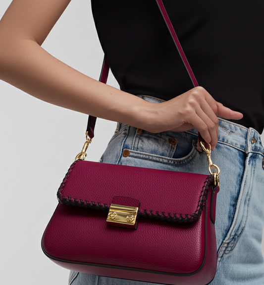 Deep Wine Structured Shoulder Bag with Gold Lock & Stitch Trim